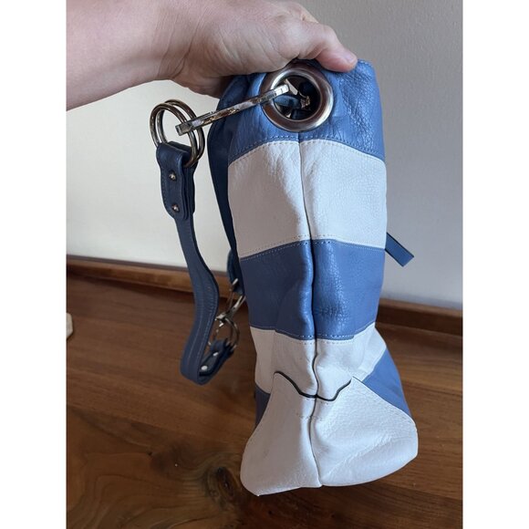 Angel Barcelo Nautical Stripes Tote Bag In Blue & White Pebbled Leather - Picture 8 of 9